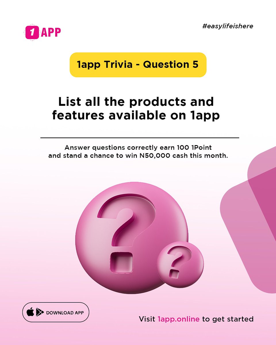 1appOnline's tweet photo. 1app Trivia Challenge
Day 5 Question
Answer questions correctly, earn 100 1Point, and stand a chance to win β¦50,000 cash this month.
Remember to tag 2 friends, Repost use the hashtag #1apptrivia to double your chances.
#1appTrivia #WinWith1app #1app https://t.co/bDce4NpSYG