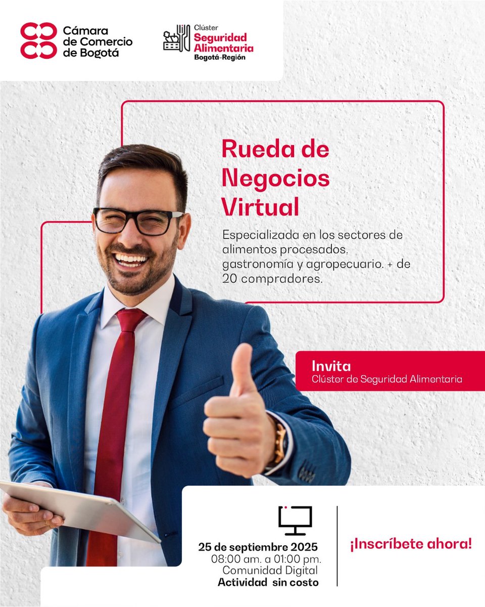 El #clústerdeseguridadalimentaria te invita a participar el 25 de septiembre en este espacio virtual diseñado para generar oportunidades de negocio
Link de inscripción: comunidaddigital.ccb.org.co/index/events/3…