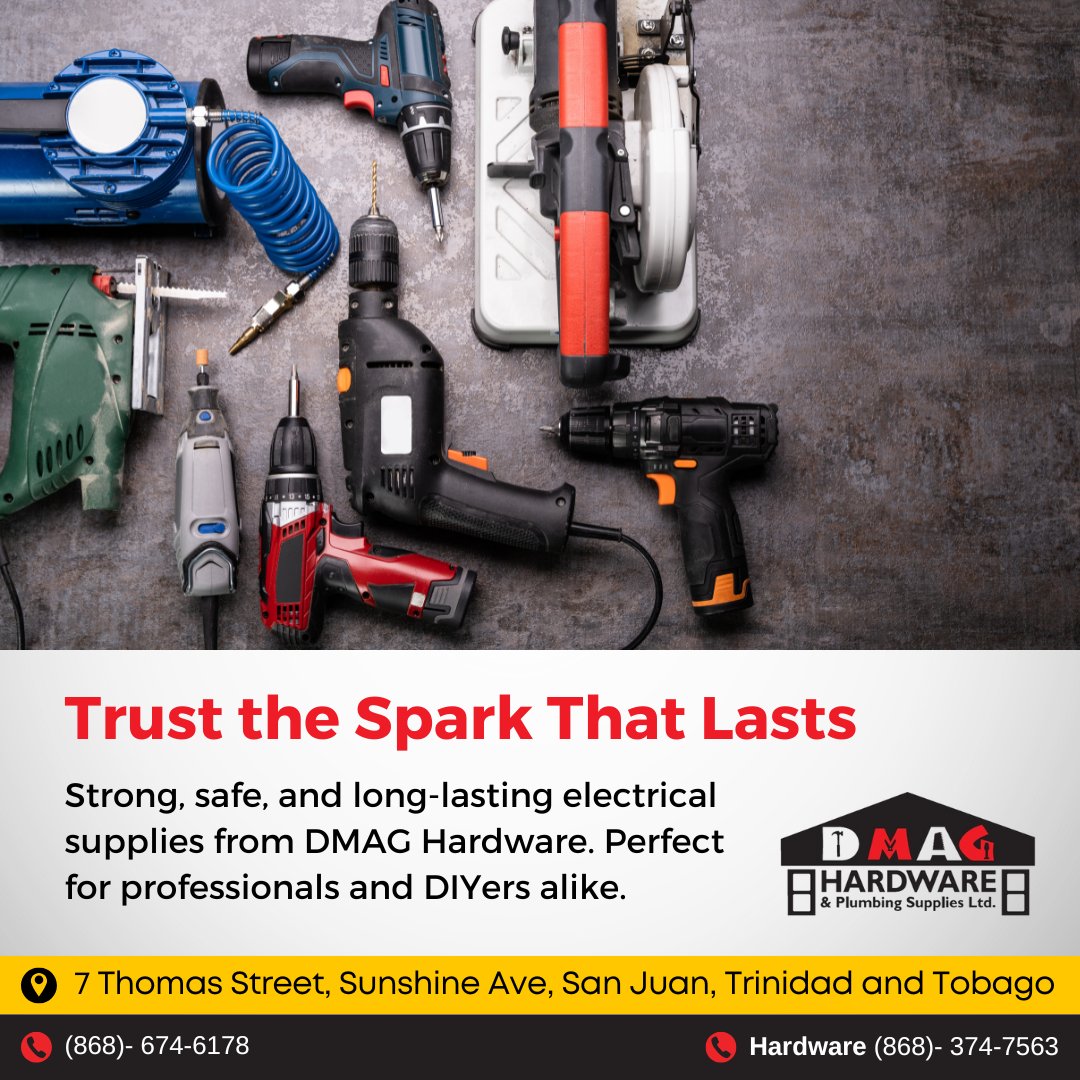 Switch On to DMAG Value 🧰🔌

Top-tier #Electrical supplies made for modern demands. Safe, certified, and cost-effective. Upgrade your toolkit now!
.
Order now!
Contact us at 868-374-7563 via WhatsApp or by calling
📍 7 Thomas Street, Sunshine Ave, San Juan, #TrinidadandTobago