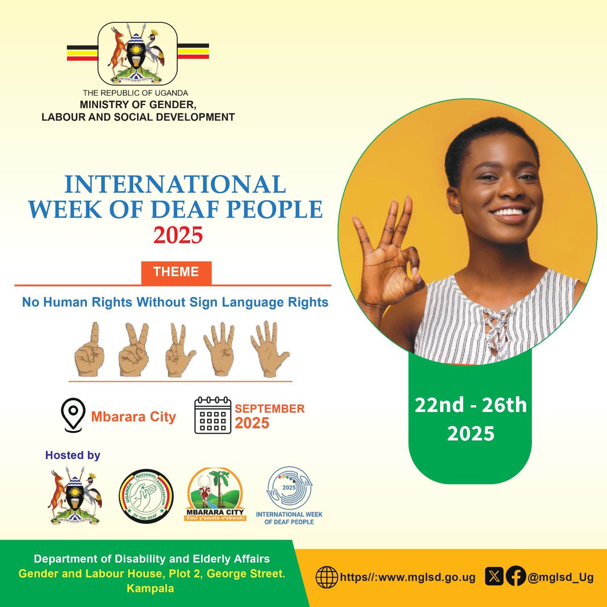 Celebrating #DeafAwarenessMonth! We'll be sharing stories, info &amp; celebrating Deaf culture all month long! Join us in Mbarara City on Sept 26th, 2025 for our climax celebrations! Let's promote inclusivity &amp; linguistic identity for all! #DeafCulture #Inclusion <a href="/Moglsd_UG/">Ministry of GenderUG</a> #Mbarara