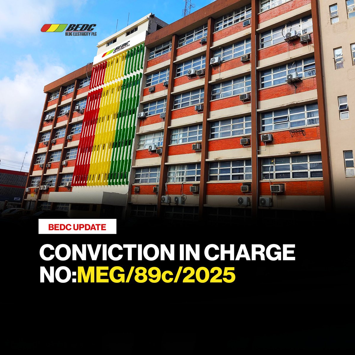 beninelectric's tweet image. Justice Served. Safety Protected!
BEDC Electricity Plc commends the Chief Magistrate Court in Benin City for sentencing Dorcas Otitodun to 3 months in prison for assaulting our staff member, Moshood Abiola, on March 25, 2025.

#JusticeServed #BEDC #StaffSafety #RespectOurStaff