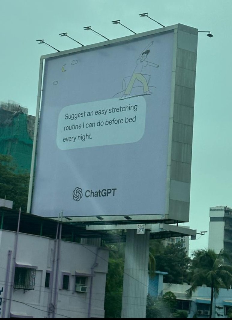 raj desai (@createsomechaos) on Twitter photo Why does <a href="/OpenAI/">OpenAI</a> need to rent out billboards in India? Why does <a href="/OpenAI/">OpenAI</a> need to rent out billboards in India?