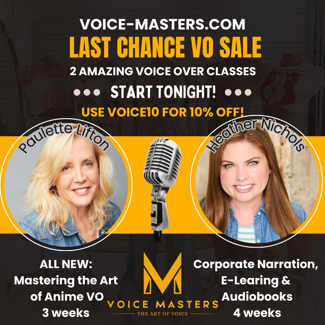 VOMasters's tweet image. 🎙️ Ready to level up your Voice Over career? 🎙️
USE VOICE10, you’ll save 10%!
📌 Sign up here: bit.ly/VMANIMECLASS
📌 Sign up here: bit.ly/VMNARRATION
💰 Cost: Anime $450 - Narration $475 | Payment Plans Available
#VoiceOver #Anime #Narration #Audiobooks #CorporateVO