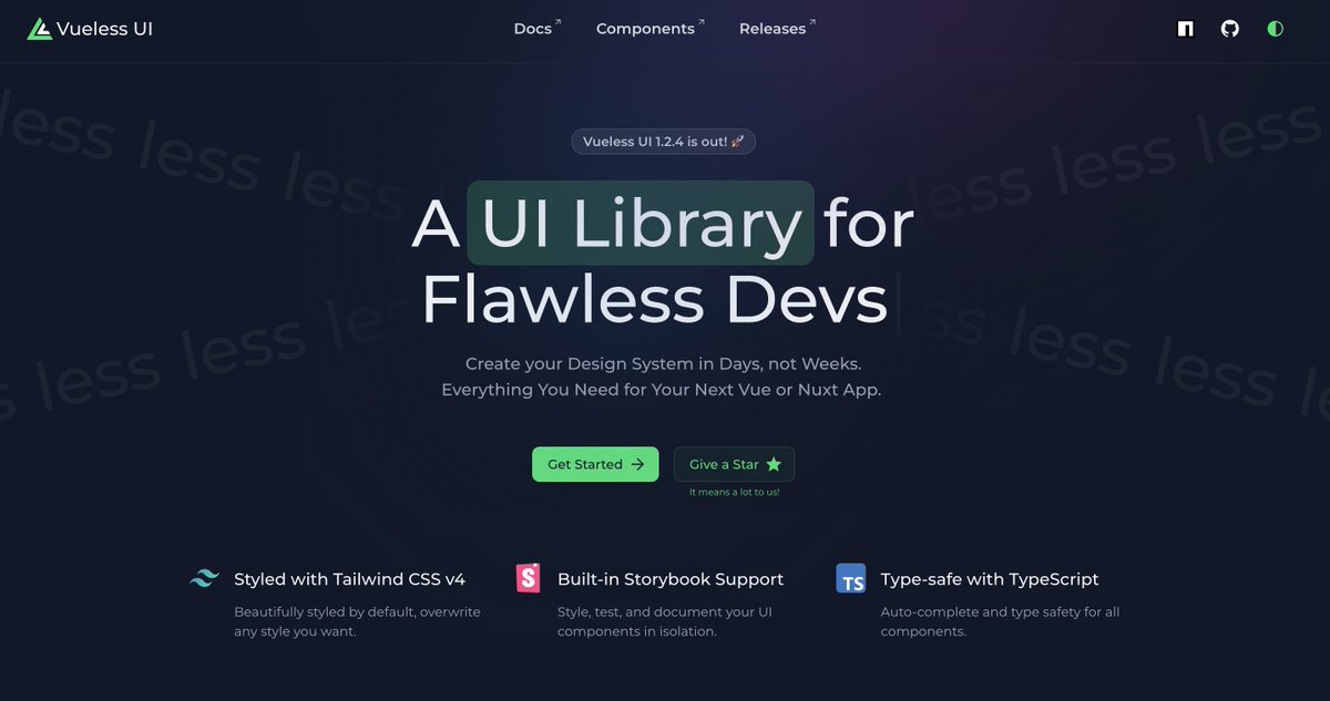 vuejsfeed's tweet image. Want to build stunning @vuejs and @nuxt_js apps in minutes? 🚀

Vueless is a styleless, fully customizable UI library powered by Tailwind CSS. It’s TypeScript-safe and perfect for creating your own design system effortlessly. 

Check it out here 👇
vueless.com