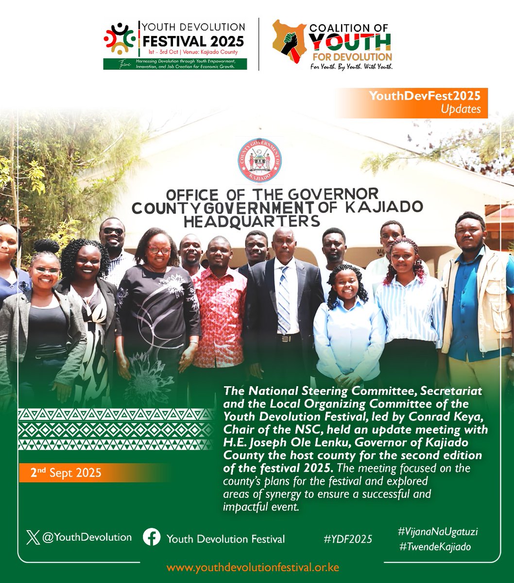 "YouthDevolutionFestival2025 preparations in full swing!  The NSC, Secretariat &amp; LOC led by <a href="/Conradokeya/">Conrad Keya 🇰🇪</a>  met with <a href="/joelenku/">Gov. Joseph Ole Lenku EGH</a>. Gov. Kajiado County to review plans &amp; explore synergies for a successful 2nd edition. ✨ #YDF2025 #VijanaNaUguatuzi #TwendeKajiado