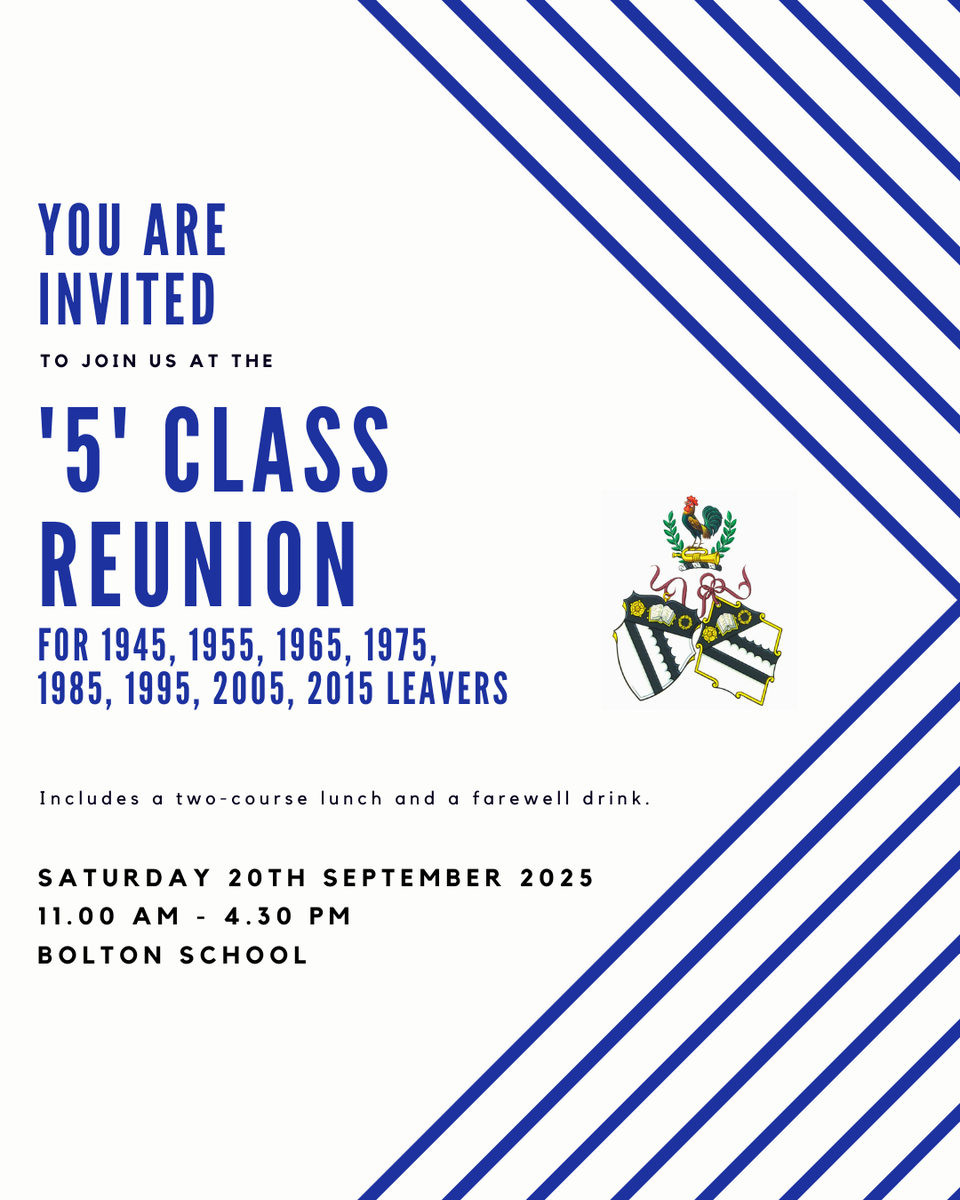 BoltonSchAlumni's tweet photo. 🎓 Bolton School '5' Class Decade Reunion – 20 Sept 2025
Reconnect, reminisce & celebrate with fellow alumni from across the years.
📅 Book by 8 Sept: https://t.co/UhFnZUnvww
📸 Send us your old school photos!
#BoltonSch #BSAlumni #DecadeReunion #OldBoys #OldGirls https://t.co/I2e5fiQz0j