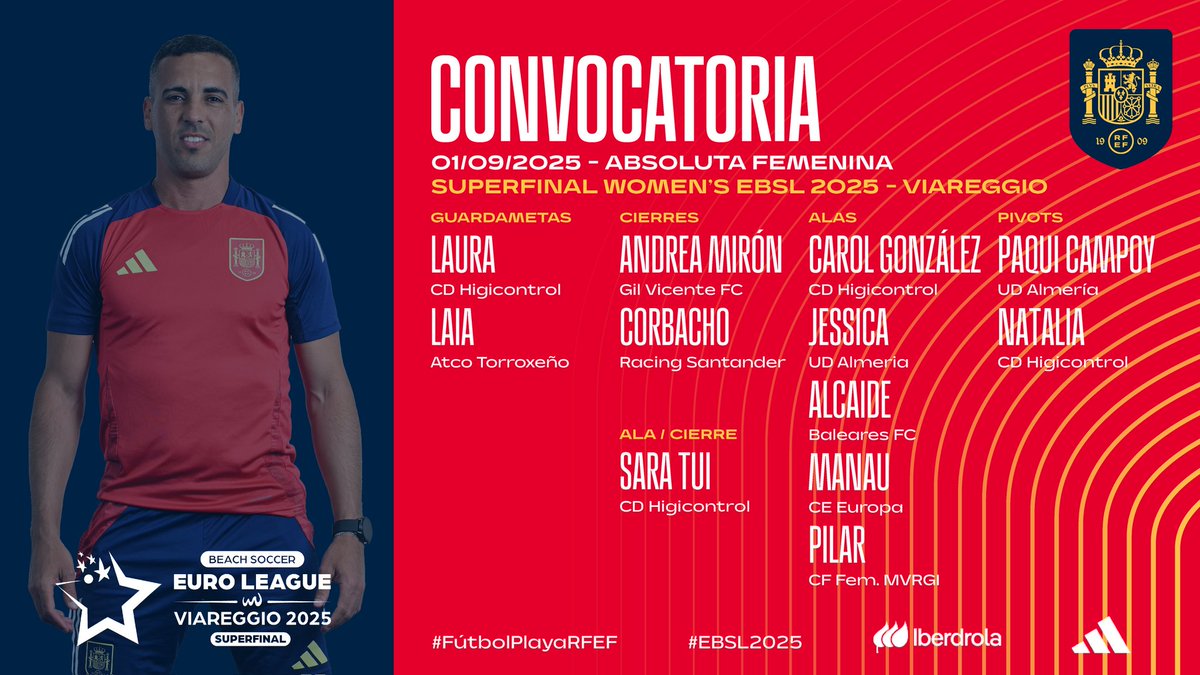 🔴 OFICIAL | Convocatoria de la <a href="/SEFutbolFem/">Selección Española Femenina de Fútbol</a> Playa.

🏆 '𝗦𝘂𝗽𝗲𝗿𝗳𝗶𝗻𝗮𝗹' 𝗪𝗼𝗺𝗲𝗻'𝘀 𝗘𝘂𝗿𝗼 𝗕𝗲𝗮𝗰𝗵 𝗦𝗼𝗰𝗰𝗲𝗿 𝗟𝗲𝗮𝗴𝘂𝗲 𝟮𝟬𝟮𝟱.

📆 Del 9 al 14 de septiembre.
📍 Viareggio (Italia).

ℹ️ La información en rfef.es/es/noticias/co…

#FútbolPlayaRFEF | #EBSL2025