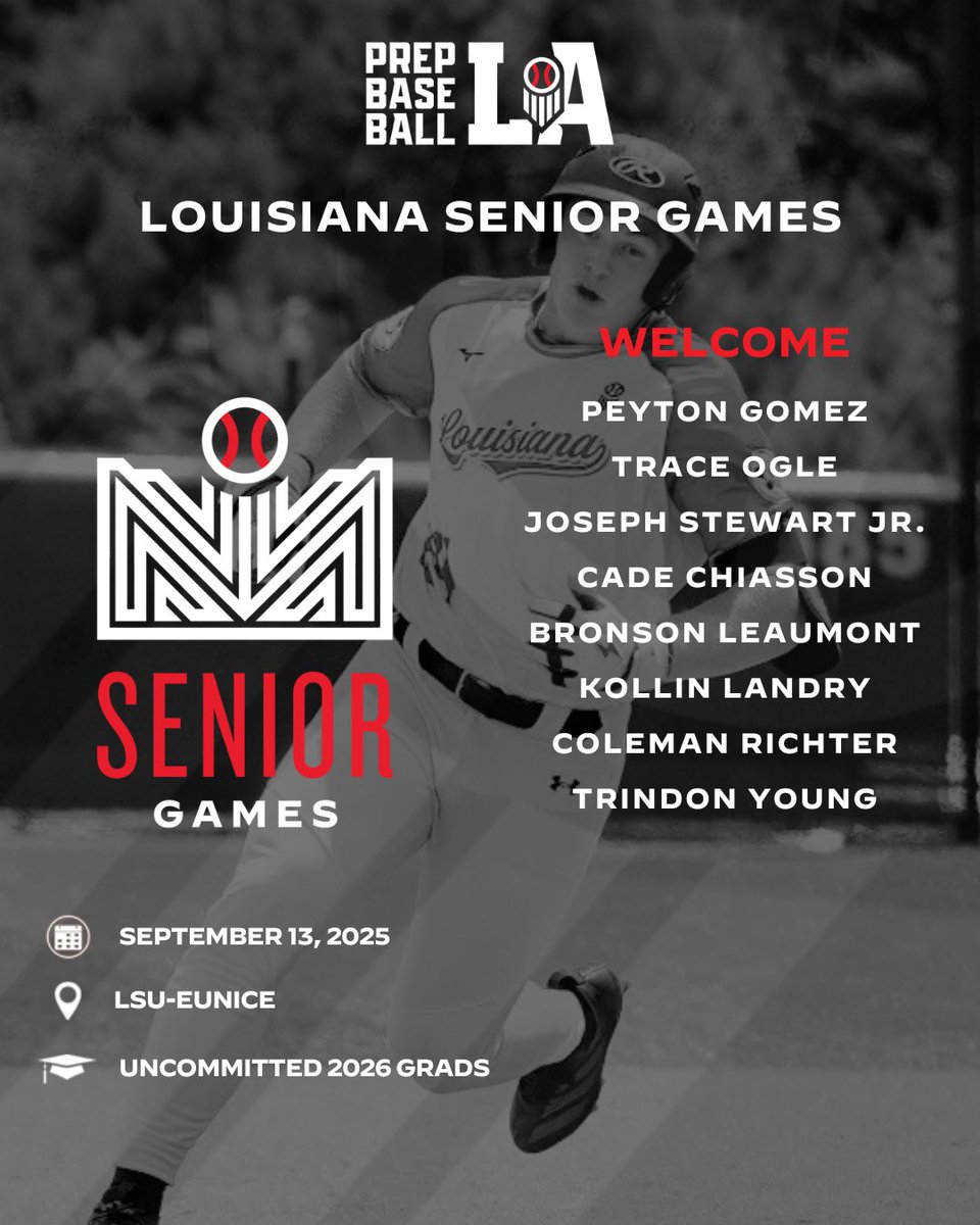 #𝐋𝐀𝐒𝐞𝐧𝐢𝐨𝐫𝐆𝐚𝐦𝐞𝐬𝟐𝟓: 𝐑𝐨𝐬𝐭𝐞𝐫 𝐀𝐝𝐝𝐢𝐭𝐢𝐨𝐧𝐬

We’d like to welcome the following players to our <a href="/PB_Uncommitted/">Prep Baseball Uncommitted</a> Senior Games on September 13th at <a href="/LSUEBengalsBSB/">LSUE Baseball</a>.

Check out the full roster and mode below ⤵️

#BeSeen

<a href="/AlexArmandPBR/">Alex Armand</a>

🖇️ loom.ly/gZnDGCM