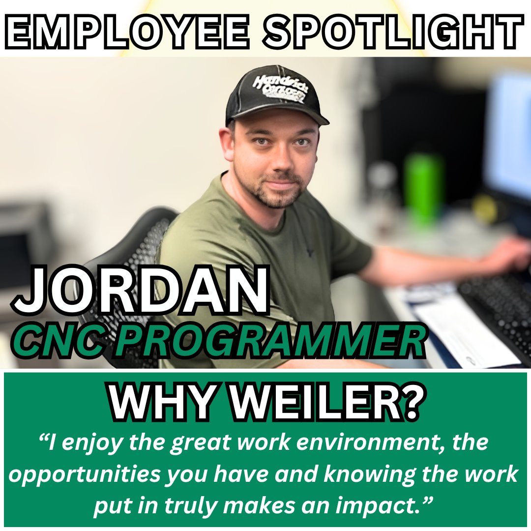 Meet Jordan Ramsey, a talented CNC Programmer who joined the Weiler team in April 2022. Since day one, Jordan has brought precision, dedication, and pride to every project he works on. We’re grateful to have Jordan on the team and appreciate the expertise he brings to Weiler!👏