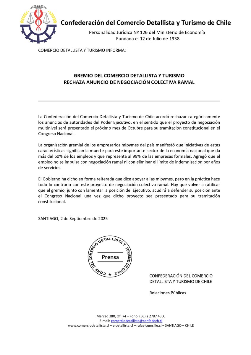 DECLARACIÓN PUBLICA CONFEDECHTUR , MIEMBRO DE CONAPYME