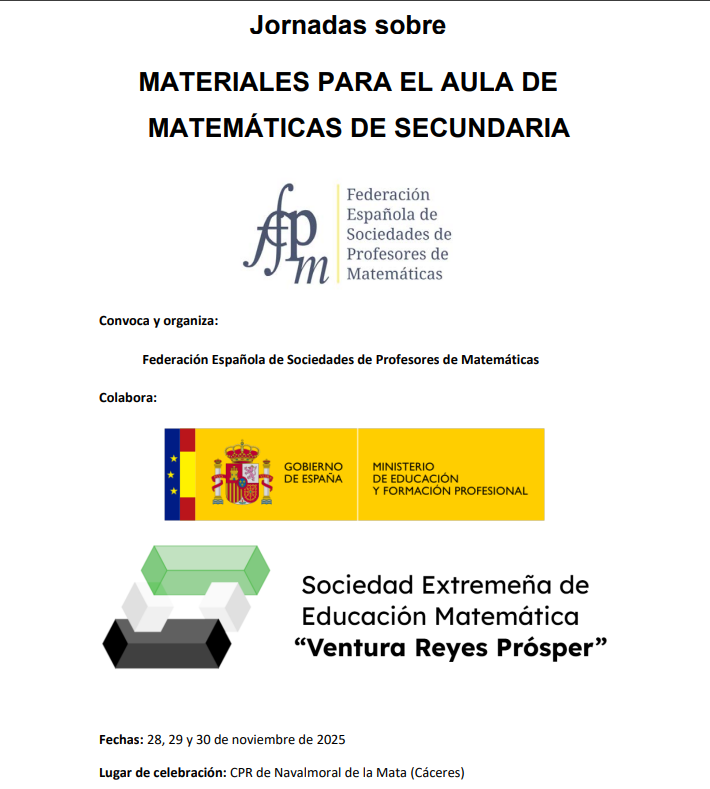 FESPM (@fespm_es) on Twitter photo Jornadas sobre 'Materiales para el aula de matemáticas de secundaria', organizadas por la #FESPM en colaboración con <a href="/educaciongob/">Ministerio de Educación, FP y Deportes</a> y <a href="/SEEMVRProsper/">SEEMVRProsper</a>
🗓️ 28 a 30 de noviembre
📍 Navalmoral de la Mata, Cáceres
fespm.es/index.php/2025… Jornadas sobre 'Materiales para el aula de matemáticas de secundaria', organizadas por la #FESPM en colaboración con <a href="/educaciongob/">Ministerio de Educación, FP y Deportes</a> y <a href="/SEEMVRProsper/">SEEMVRProsper</a>
🗓️ 28 a 30 de noviembre
📍 Navalmoral de la Mata, Cáceres
fespm.es/index.php/2025…