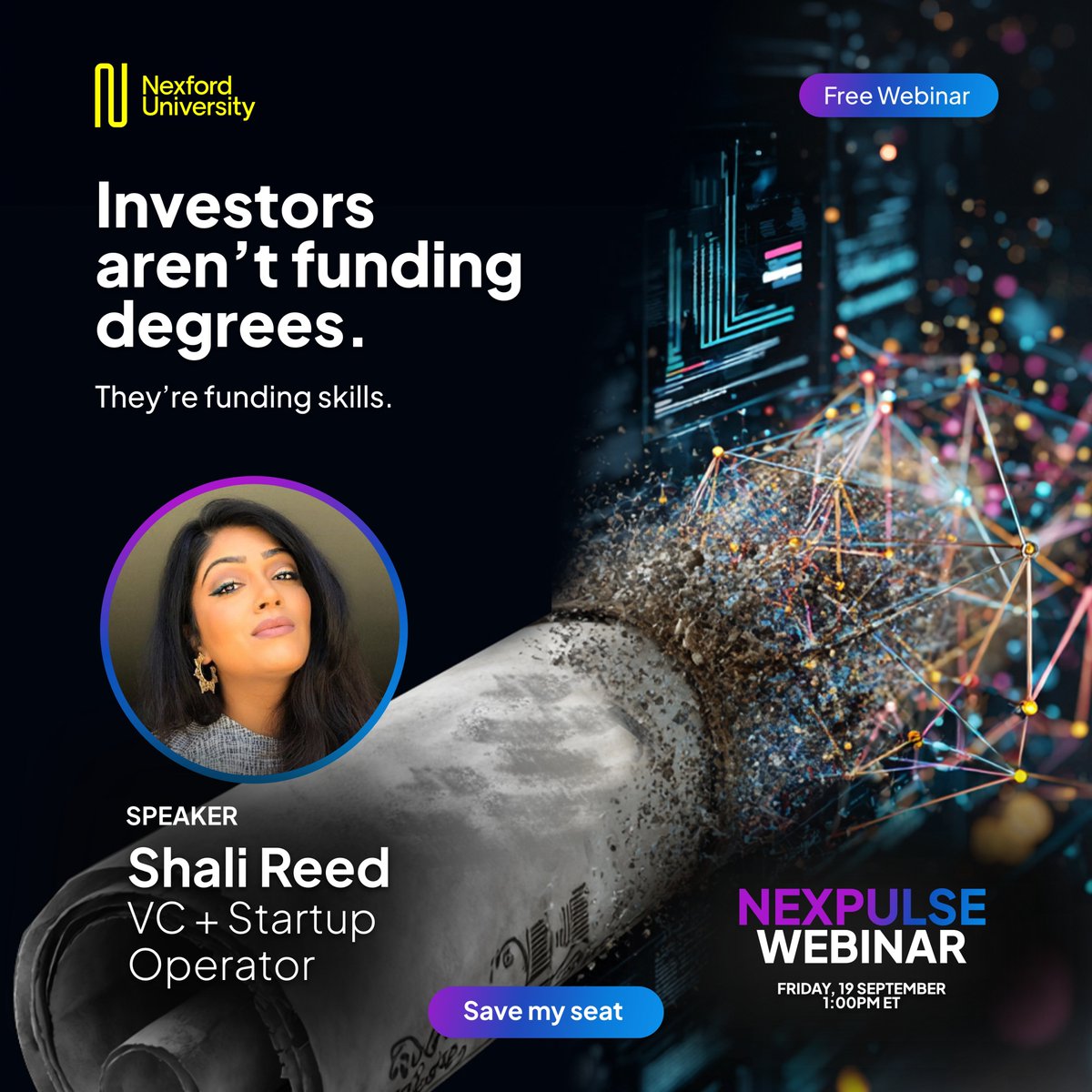 nexford's tweet photo. The AI economy is here. Are you ready? VC, Shali Reed, reveals what investors actually fund in 2025. Free NexPulse webinar Sept 19th, 1:00 PM ET. Register: https://t.co/IBfoTh18ck 💼 #NexfordUniversity #AI #StartupFunding #NexPulse https://t.co/l80ZmOKta9