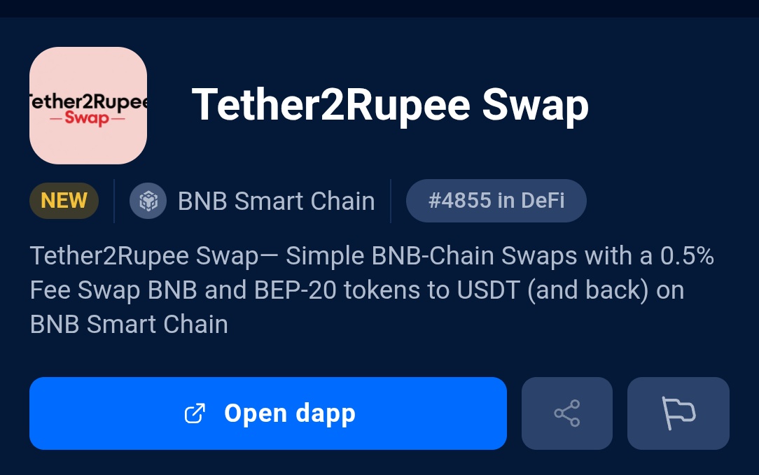 Community congratulations 
Tether2Rupee Swap now live on

<a href="/DappRadar/">DappRadar</a> 

dappradar.com/dapp/tether2ru…

#bnb