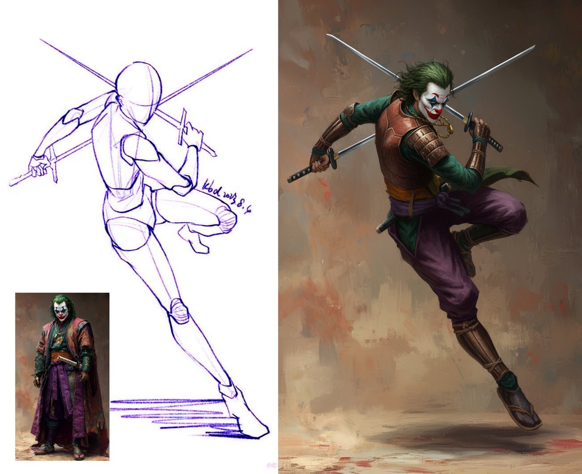 🍌 nano-banana just did something insane.

On the very first try, Samurai Joker landed exactly in the sketch pose I attached 😱
Dynamic, cinematic, perfect.

But here’s the truth: that layered, chaotic kimono only exists in my head… and even AI struggles to decode a mind as