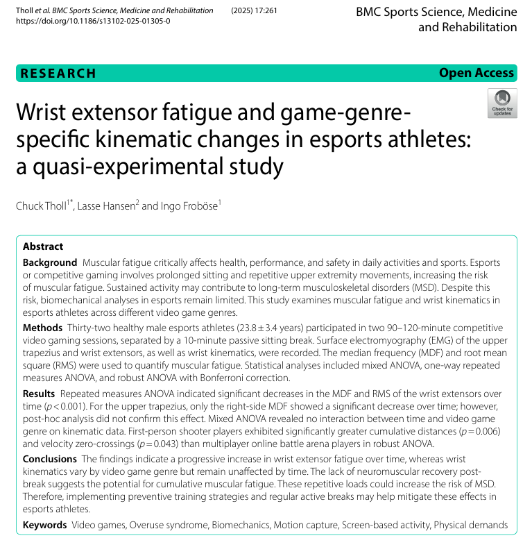 DrSethJenny's tweet photo. New citation of our #esports research:

"Wrist extensor fatigue and game-genre specific kinematic changes in esports athletes: A quasi-experimental study"

#EsportsInjuries #EsportsHealth #EsportsMedicine #Overuse #Biomechanics #OveruseSyndrome

Full text:
https://t.co/wwAUUUEOqV https://t.co/GHoqvHgcRF
