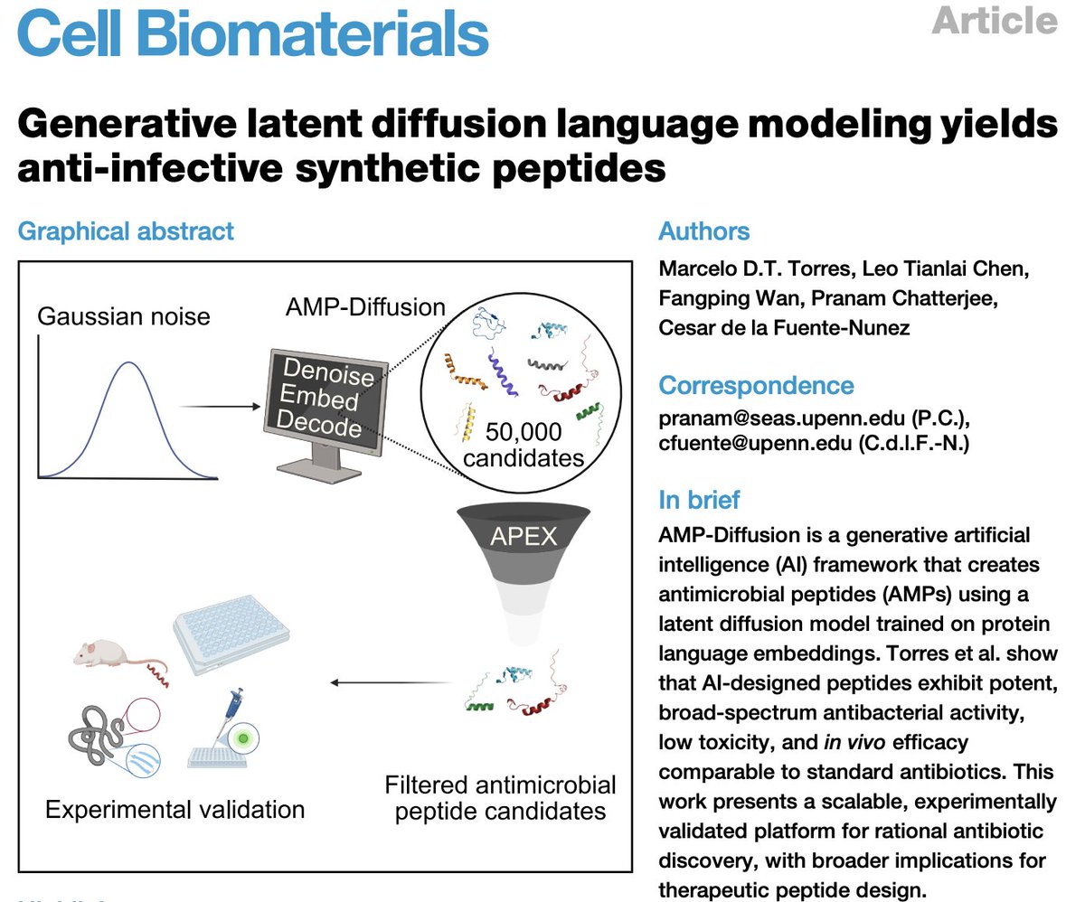 Pranam Chatterjee (@pranamanam) on Twitter photo Very happy to share that validation of our AMP-Diffusion model that we introduced last year has been published in <a href="/CellBiomat/">Cell Biomaterials</a>! 🦠🥳Very thankful for our experimental collaborators <a href="/delafuentelab/">César de la Fuente</a> for testing it out! 🙏🐁
📜: cell.com/cell-biomateri…
💻: github.com/programmablebi… Very happy to share that validation of our AMP-Diffusion model that we introduced last year has been published in <a href="/CellBiomat/">Cell Biomaterials</a>! 🦠🥳Very thankful for our experimental collaborators <a href="/delafuentelab/">César de la Fuente</a> for testing it out! 🙏🐁
📜: cell.com/cell-biomateri…
💻: github.com/programmablebi…