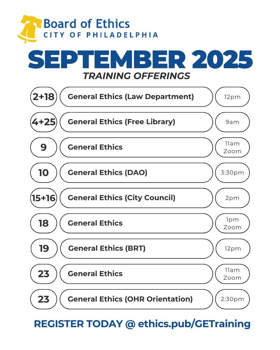 September is a busy training month! Check out the upcoming ethics trainings below!