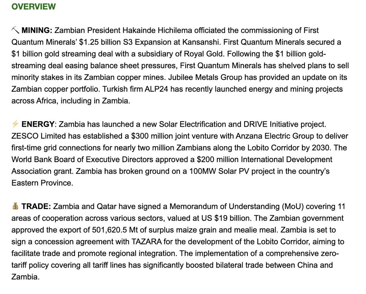 ✅ $1.23 billion expansion at Kansanshi copper mine completed.

📉 Inflation at a two-year low.

💵 Debt to GDP ratio below 100% for the first time in seven years.
 
☀️ Construction begins at a new 100MW solar plant in Eastern Province. 

It's been a busy month for Zambia's