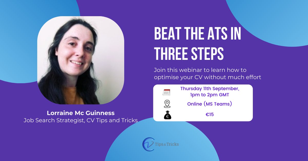 CVTipsAndTricks's tweet image. The webinar is just over a week away! Register your interest (it will take less than 2 minutes):

forms.gle/iBHuXhPdSN18PW… 

For €15, get:  
FREE CV Template
Q&amp;amp;A Session
Expert CV Advice
Access to Discord / MS Teams Community

#cvtipsandtricks #cvwritingwebinar #cvtips #cvwriting