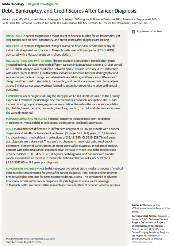 🚨Cancer patients have medical debt in collections that lasts for years after diagnosis/treatment despite &gt;95% insurance coverage.
After years of analysis, we report in <a href="/JAMAOnc/">JAMA Oncology</a> on debt, collections, bankruptcy, &amp; credit scores in &gt;74k control-matched patients over 10 years.