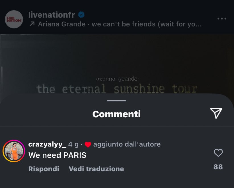 ArianaGrande_IT's tweet image. La pagina Instagram di @LivenationFR ha messo like ad un commento sotto il posto dell’#EternalSunshineTour che diceva: “We need PARIS” 

Cosa ci stanno nascondendo? 👀