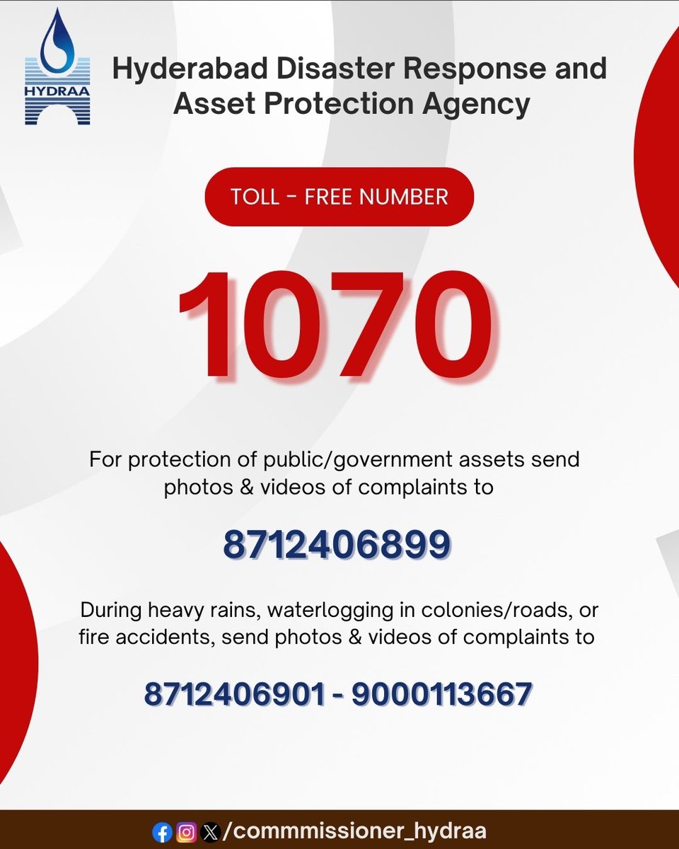 📞 HYDRAA Helpline 

Toll-Free 1070 launched to register complaints related to:
🔸Encroachments on lakes, nalas, govt. lands &amp; public utilities
🔸Natural calamities – fallen trees, floods, fire accidents

🔹 In ORR limits govt./public property issues &amp; to share photos/videos: