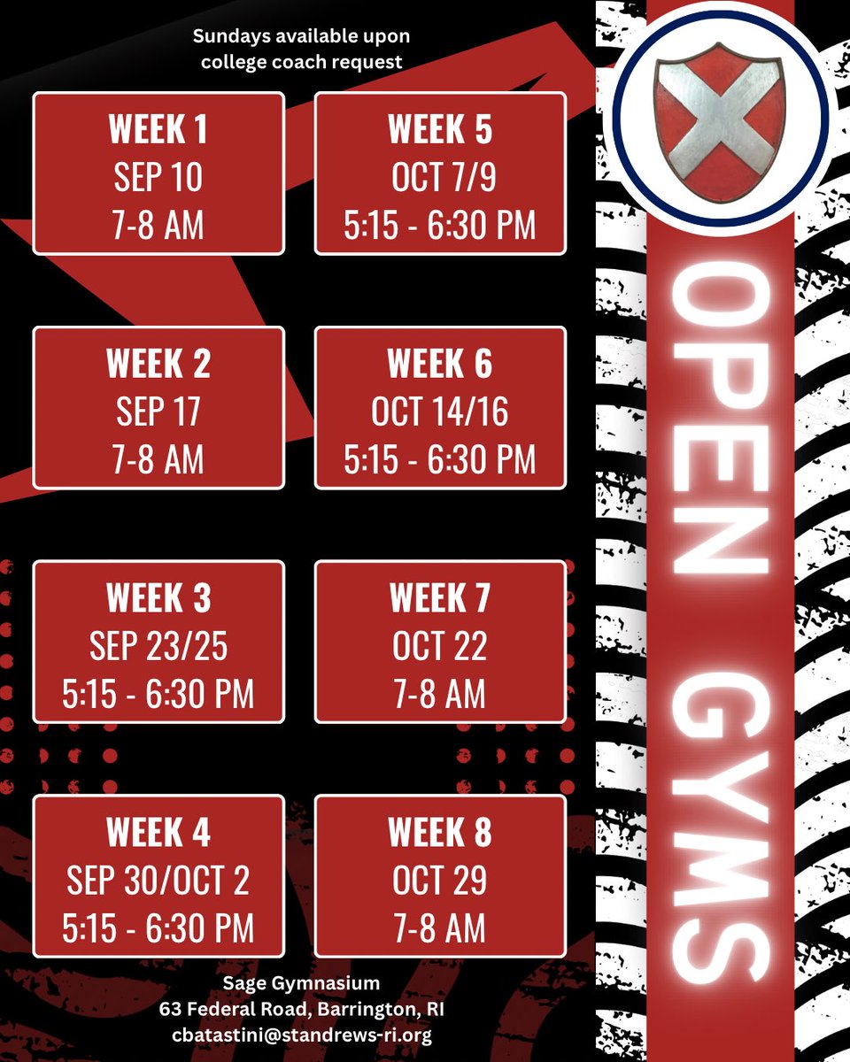 Our fall open gym schedule - Sundays available upon college coach request. 

<a href="/SASRIAthletics/">St Andrew’s Athletics</a>