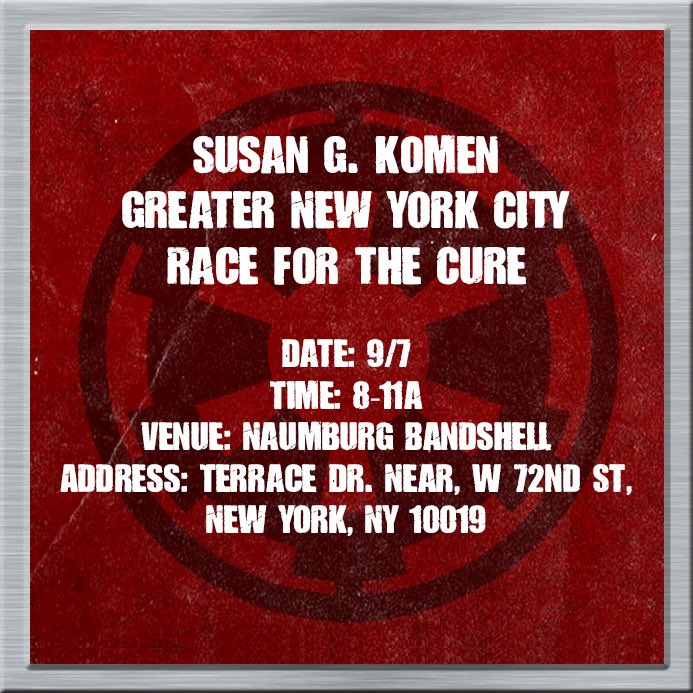 Here’s where we’ll be
.
Sy-Con
Date: 9/6
Time: 10a-4:30p
Venue: Syosset Library
.
Susan G. Komen Greater New York City Race for the Cure
Date: 9/7
Time: 8-11a
Venue: Naumburg Bandshell