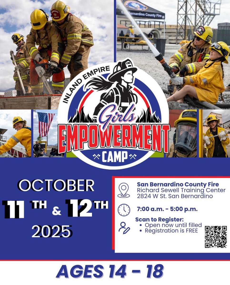 🚒✨ The Inland Empire Women’s Empowerment Camp is almost here!

🔥 Learn from female firefighters across the IE, including our own Capt. Rivera.

👩‍🚒👨‍🚒 Open to ages 14–18.

📲 Sign up today with the QR code - spots are limited!
