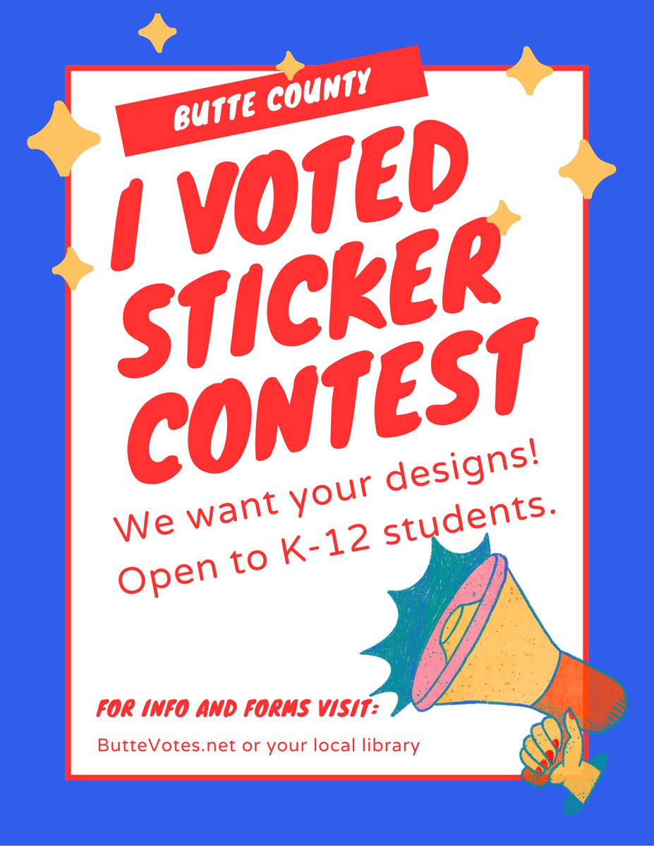 The "I Voted" Sticker Design Contest is Back in <a href="/CountyofButte/">County of Butte</a>!

Open to K-12 students, one design will be chosen by a public vote to be our "I Voted" sticker for the 2026 elections.

Submission Form and Rules at buttevotes.net