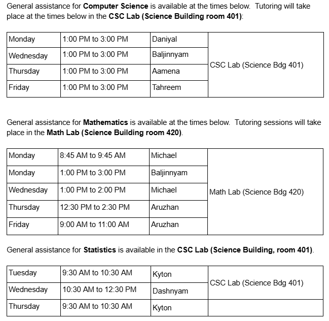 AdelphiMathCS's tweet image. Homework assistance for Math and CS and Stats begins today (9/2).  Our student helpers are available according to the schedule below on a drop-in basis.

Updates to the schedule will be posted here.
