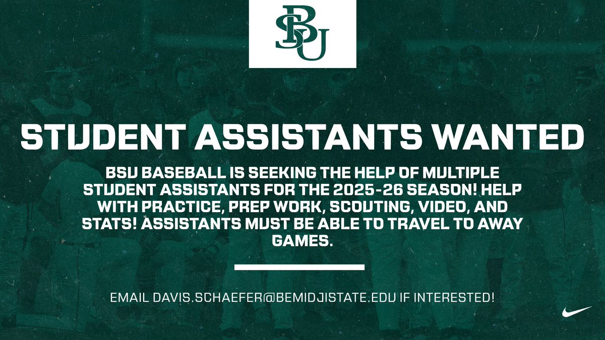 Bemidji State Baseball (@bsubeaversbase) on Twitter photo ⚾️ BSU Baseball is hiring student assistants for 2025-26!
➡️ Practice & prep work
➡️ Scouting, video & stats
➡️ Travel w/ team + per diem
➡️ All team gear
Be part of every game! 📧 Davis.Schaefer@bemidjistate.edu
#GoBeavers | #BSUBaseball ⚾️ BSU Baseball is hiring student assistants for 2025-26!
➡️ Practice & prep work
➡️ Scouting, video & stats
➡️ Travel w/ team + per diem
➡️ All team gear
Be part of every game! 📧 Davis.Schaefer@bemidjistate.edu
#GoBeavers | #BSUBaseball