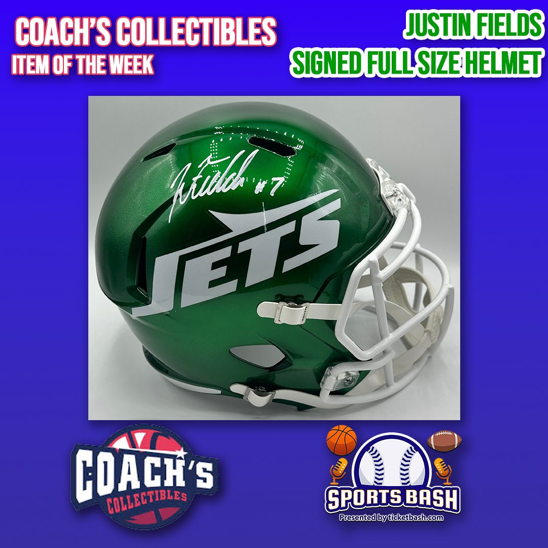 SportsBashMedia's tweet image. This week’s Coach’s Collectibles Item of the Week is a Justin Fields autographed full-size Jets helmet. Don’t miss out on adding this rare piece to your collection! 🏈✈️

#Jets #JustinFields #SportsBash #CoachsCollectibles #NFLMemorabilia #JetUp