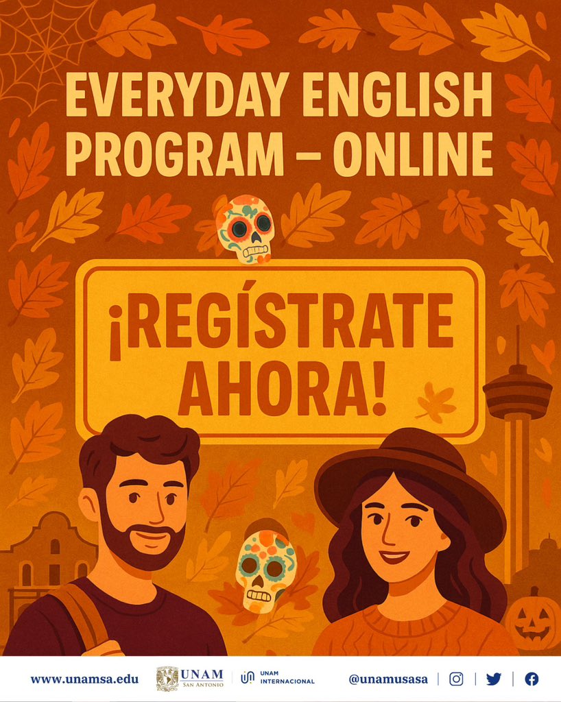 ¡El Everyday English Program Online ya abrió inscripciones! 🍂

📅 Registro: 2 y 3 de septiembre
💵 $890 USD
🔗 Regístrate ahora: unamsa.edu/everyday-engli…
📩 laurac@unam.mx | ☎️ (210) 222 8626