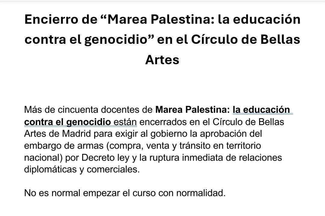 🇵🇸 #Encierro de #MareaPalestina: la #Educación contra el #Genocidio!

eldiario.es/madrid/somos/d…

Exigimos al Gobierno (<a href="/desdelamoncloa/">La Moncloa</a>):

- la aprobación del embargo de armas por Decreto ley y 

- la ruptura inmediata de relaciones
diplomáticas y comerciales

#FreePalestine