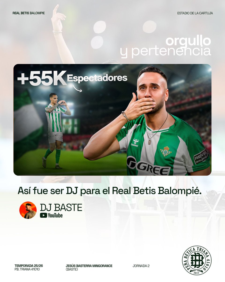 Desde la Peña Bética 41010 felicitamos a nuestro miembro Jesús Basterra Mingorance por llevar su música al Estadio de la Cartuja y representar con orgullo a Triana y a nuestra peña 💚⚪ #Betis #PeñaBética41010 #Triana  

<a href="/DJBaste/">Dj Baste</a>