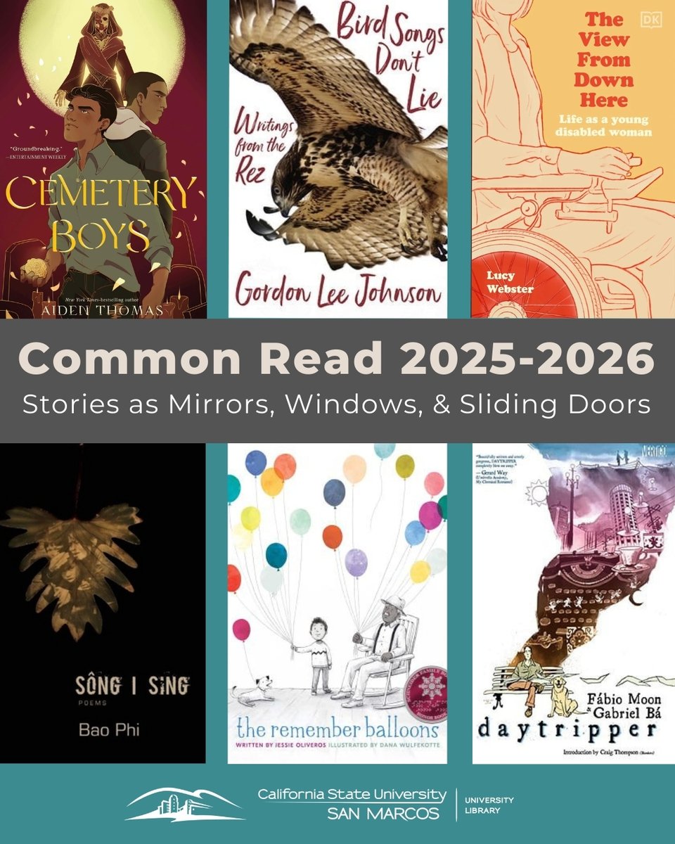 csusm_library's tweet image. 🎉 Our Common Read kickoff is today! This year's theme is stories as mirrors, windows, & sliding doors.
Stop by the Library Resource Fair today from 11am-1pm in front of the Library's 3rd floor entrance to pick up a free copy of one of this year's titles.
#CSUSM #CommonRead