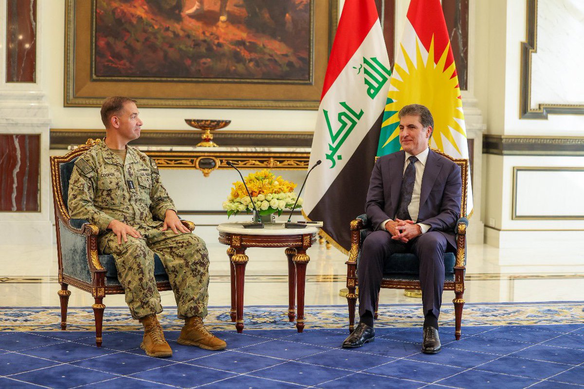 kamiyarderaney's tweet image. President Nechirvan Barzani meets Admiral Charles Cooper to discuss security and the future of U.S. forces in Iraq. Kurdistan’s strategic role is growing as U.S. attention shifts from Baghdad.🛡️

@IKRPresident @CENTCOM 
#Kurdistan #USForces #Iraq  #Erbil #USMilitary #CENTCOM
