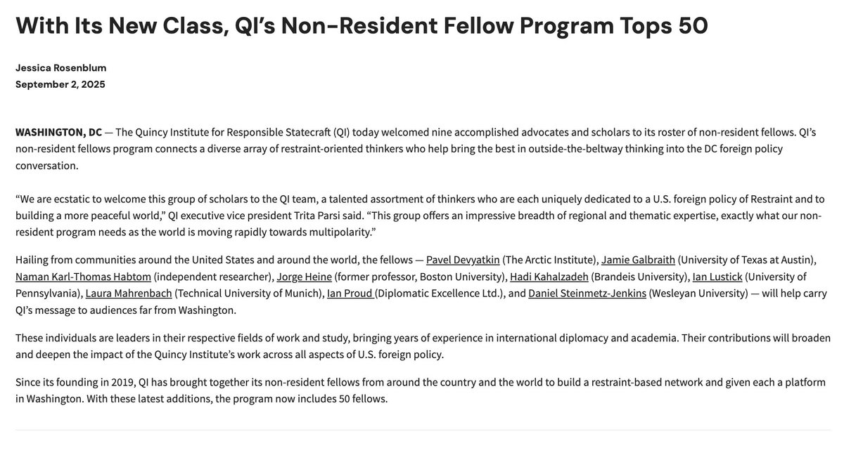 We're excited to welcome nine accomplished advocates &amp; scholars to QI's non-resident fellows program:

- Pavel Devyatkin
- Jamie Galbraith
- Naman Karl-Thomas Habtom 
- Jorge Heine 
- Hadi Kahalzadeh 
- Ian Lustick
- Laura Mahrenbach
- Ian Proud
- Daniel Steinmetz-Jenkins