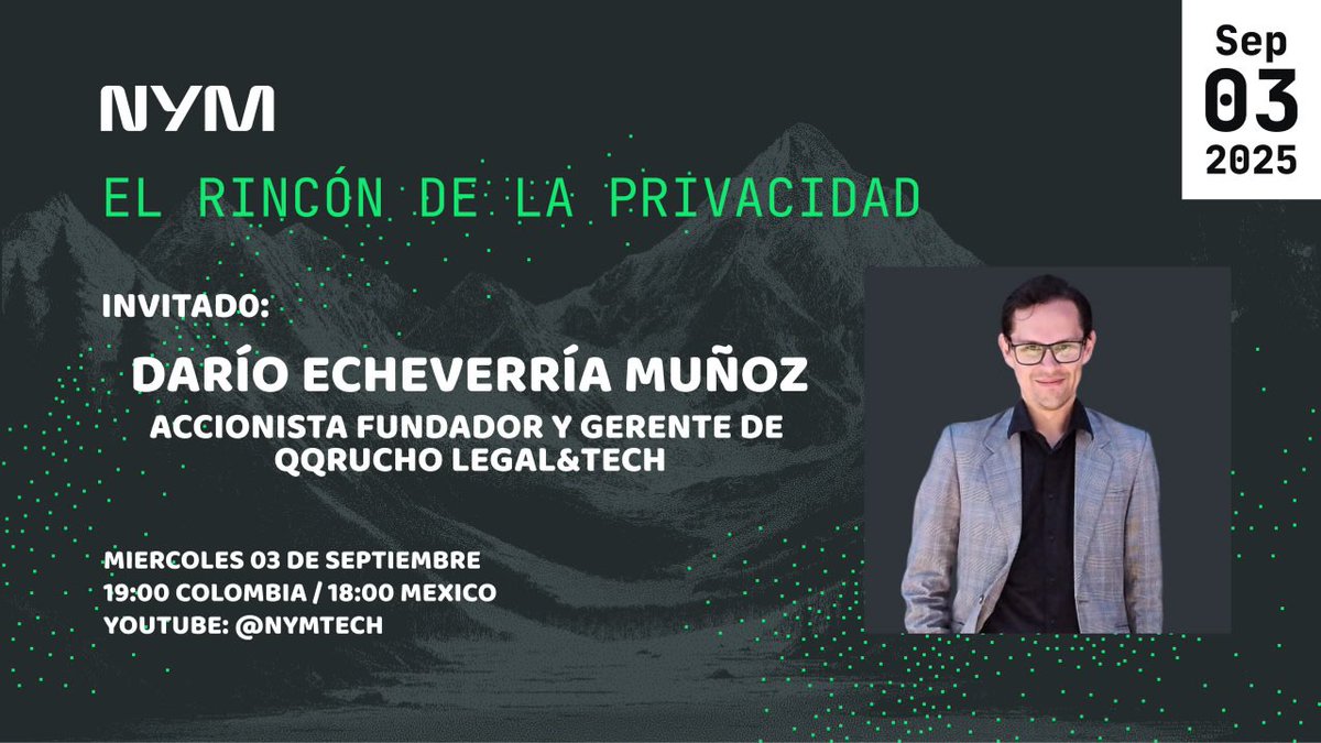 ¡No te pierdas el Ep. 29 de El Rincón de la Privacidad! Hablamos con Darío Echeverría sobre privacidad y datos. 

🗓️ Mañana, 19h COL. 
¡Habrá POAP! 🚀