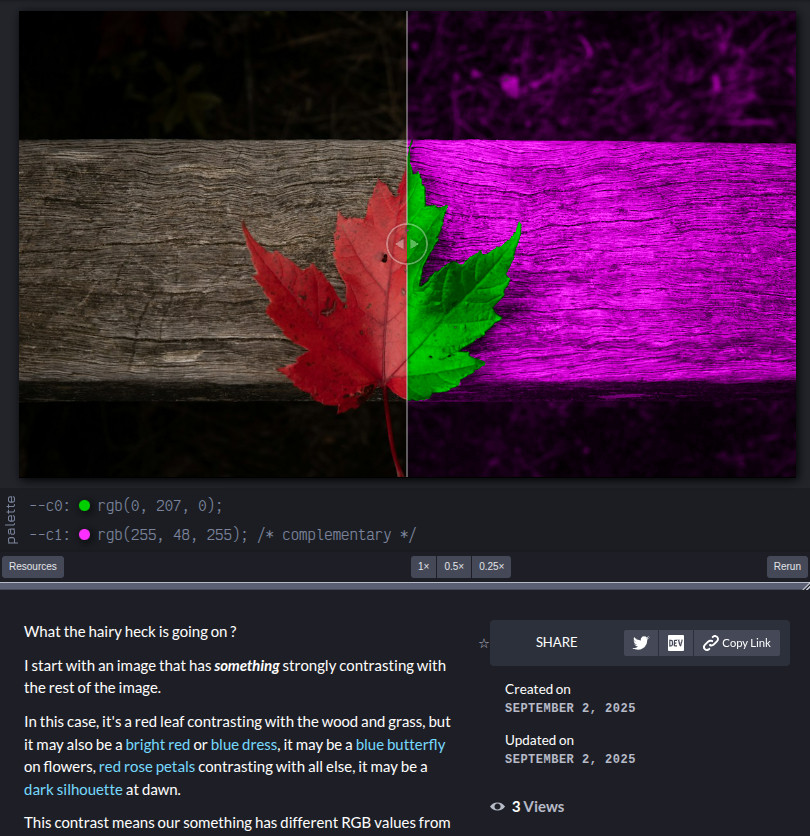 anatudor's tweet image. Hey, I made a thing for this week's complementaries #CodePenChallenge!
codepen.io/thebabydino/de…
(if you're a Ko-fi/Patreon supporter, you may have already seen the pre-prettified version)
The description has a detailed "behind the demo" explanation.
Enjoy!