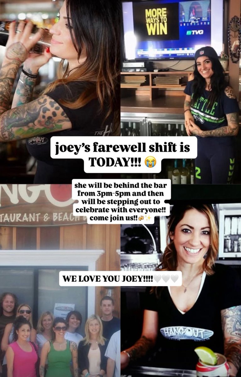 Come on out to <a href="/HangoutBeachBar/">Hangout Restaurant and Beach Bar</a> and celebrate <a href="/joey_leanne/">joey leanne ingalls</a> last shift today!!
