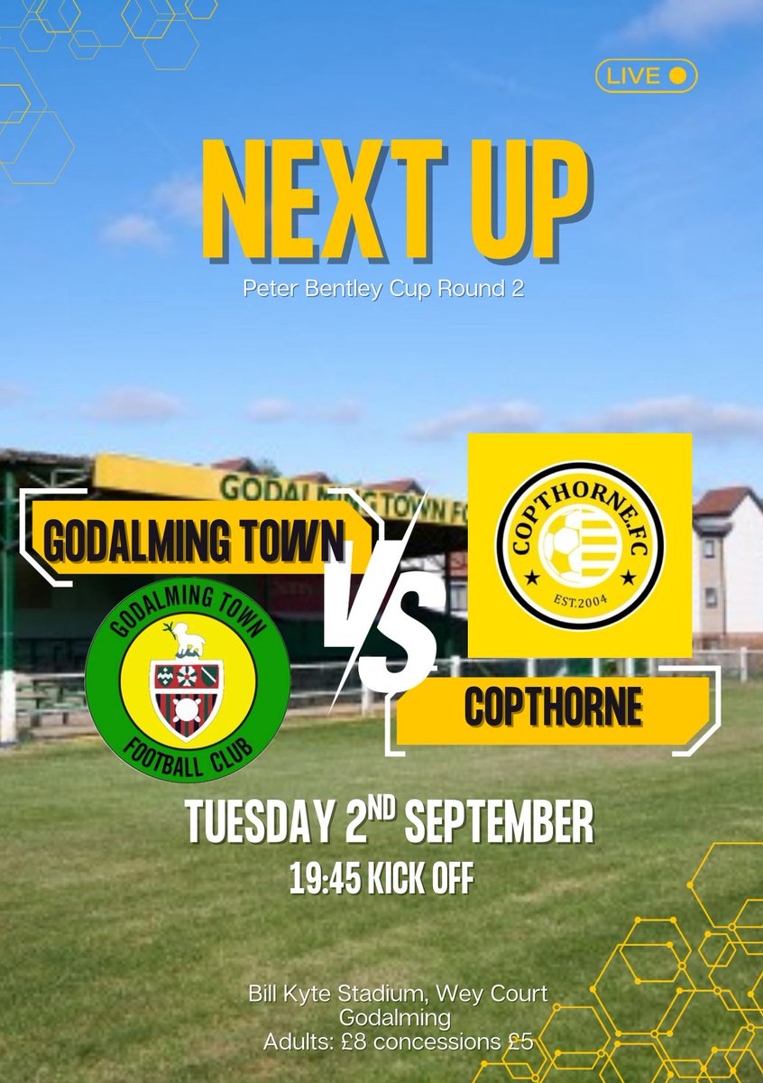 Godalming Town FC (@godalmingtown) on Twitter photo ⚽️ Its Game Night Under The Lights The pitch is fine after the recent rain and all good to go as we welcome <a href="/CopthorneFC/">Copthorne FC</a> for tonight's Peter Bentley Cup 2nd round match. Kick off 7:45pm. Clubhouse & teabar will be open. COYGs. ⚽️ Its Game Night Under The Lights The pitch is fine after the recent rain and all good to go as we welcome <a href="/CopthorneFC/">Copthorne FC</a> for tonight's Peter Bentley Cup 2nd round match. Kick off 7:45pm. Clubhouse & teabar will be open. COYGs.