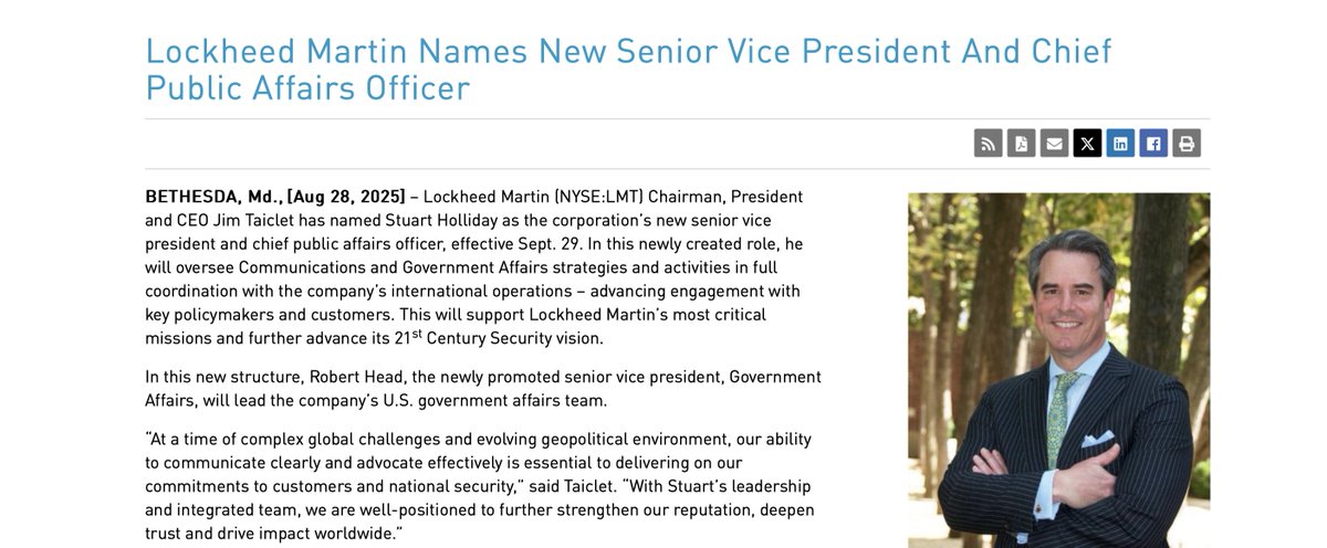 Washington case study, or a sign of the times?

Ambassador Stuart Holliday worked for two decades as CEO of the Meridian International Center, a public diplomacy nonprofit that partners closely with the State Dept and global organizations.

He's moving on ... to Lockheed Martin.