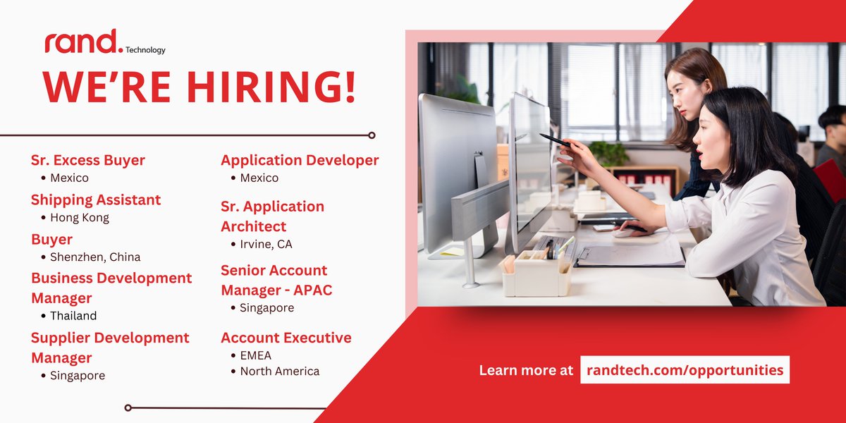 Rand_Techno's tweet image. We’re hiring worldwide!
@Rand_Techno has multiple openings across sourcing, sales, tech &amp;amp; more.

Join us in powering the global supply chain  bit.ly/RandCareers

#RandTechnology #NowHiring #GlobalCareers