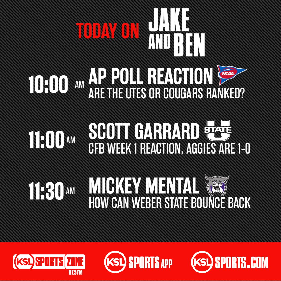 Jake and Ben (@jakeandbenksl) on Twitter photo Today on Jake & Ben
<a href="/JakeScottZone/">Jake Scott</a> | <a href="/kslsports/">KSL Sports</a> | <a href="/KSLSportsZone/">97.5 The KSL Sports Zone</a>
Watch: youtube.com/@ksl5sports
Listen: tuner.bonneville.com/live/KZNS-FM Today on Jake & Ben
<a href="/JakeScottZone/">Jake Scott</a> | <a href="/kslsports/">KSL Sports</a> | <a href="/KSLSportsZone/">97.5 The KSL Sports Zone</a>
Watch: youtube.com/@ksl5sports
Listen: tuner.bonneville.com/live/KZNS-FM