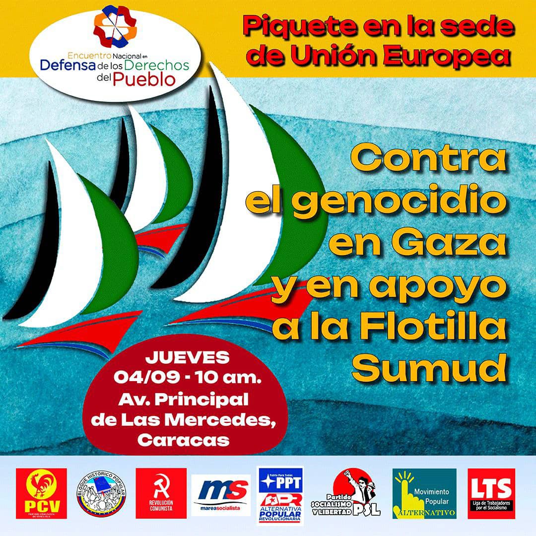 Desde el Encuentro Nacional en Defensa de los Derechos del Pueblo, invitamos a participar en el piquete en Apoyo a la Flotilla Sumud-Jueves 4 de Sep.
En Las Mercedes, Frente a la Unión Europea, denunciando la  inacción de ese Organismo en el Genocidio contra el pueblo Palestino