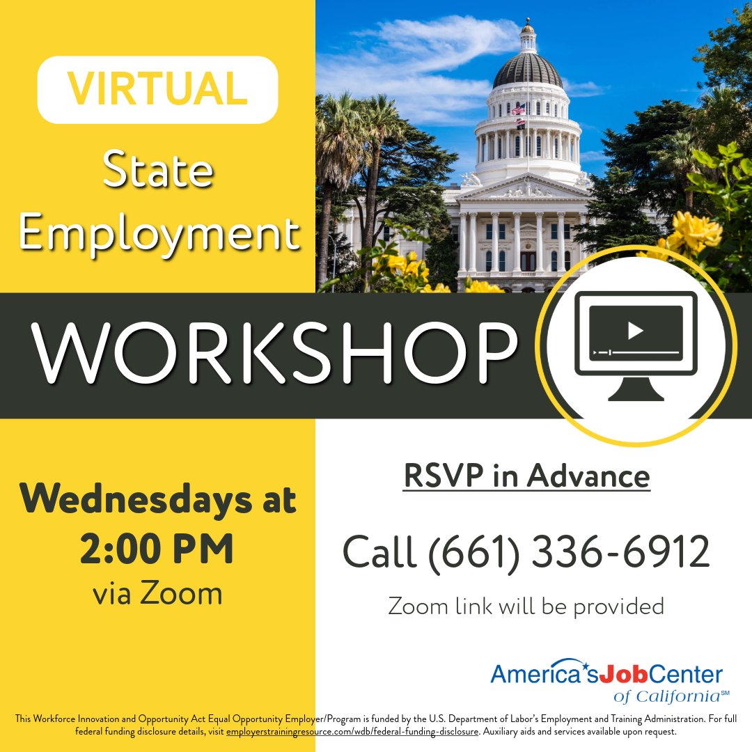 AJCCKern's tweet photo. Take the first step towards a fulfilling career with the State of California! Join our #Virtual State Employment Workshop on every Wednesday at 2:00 PM π₯οΈ
RSVP by calling (661) 336-6912
#StateOfCalifornia #EmploymentWorkshop #CareerResources #CareerDevelopment https://t.co/tYgBUQK6GR