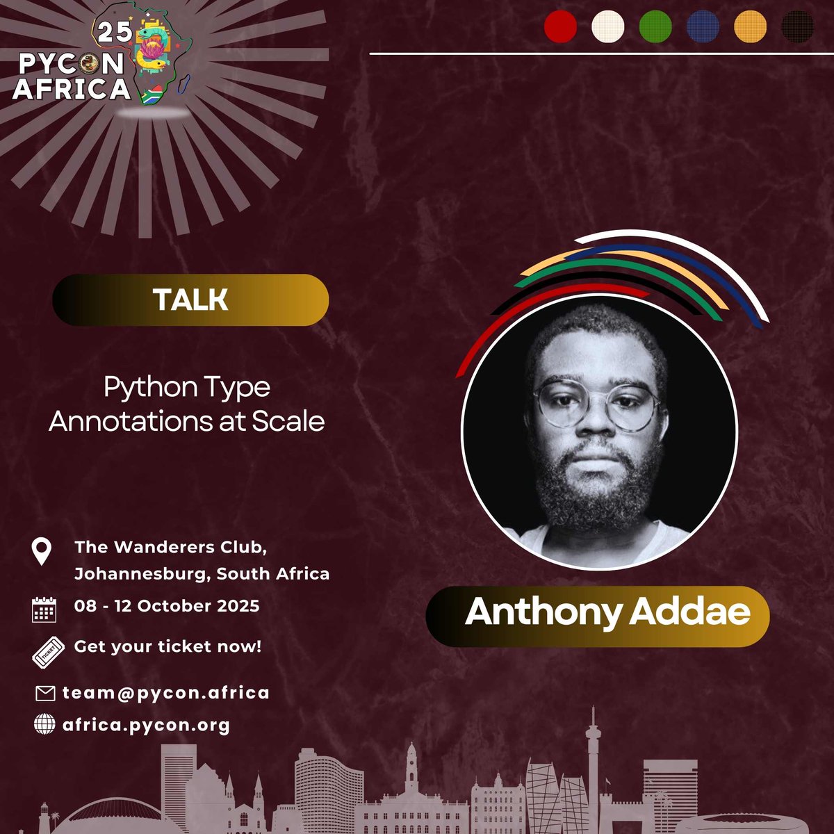 pyconafrica's tweet image. ✨ We are excited to welcome Anthony Addae as a speaker at 🐍 PyCon Africa 2025!
“Python Type Annotations at Scale”
🗓 Oct 08–12, 2025
📍 The Wanderers Club, Johannesburg, South Africa 🇿🇦
#PyConAfrica #PyConAfrica2025 #PyConZA