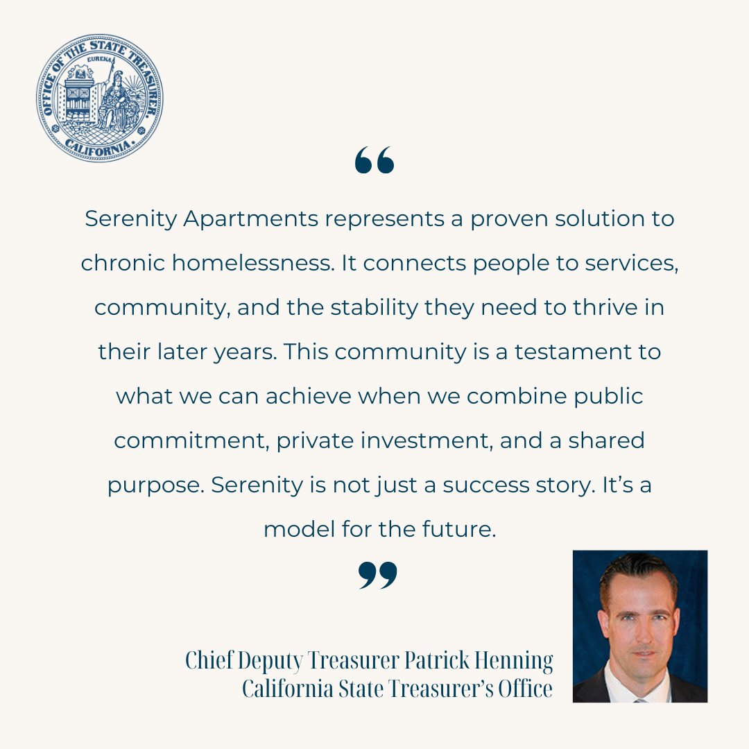 CA State Treasurer (@caltreasurer) on Twitter photo Last Thursday, Chief Deputy Treasurer Patrick Henning (<a href="/IrishLaborer/">Patrick Henning</a>) spoke at the grand opening of Serenity Apartments in Los Angeles. His remarks emphasized the importance of permanent supportive housing for seniors and affordable housing.
<a href="/fionama/">Fiona Ma, CPA</a> Last Thursday, Chief Deputy Treasurer Patrick Henning (<a href="/IrishLaborer/">Patrick Henning</a>) spoke at the grand opening of Serenity Apartments in Los Angeles. His remarks emphasized the importance of permanent supportive housing for seniors and affordable housing.
<a href="/fionama/">Fiona Ma, CPA</a>